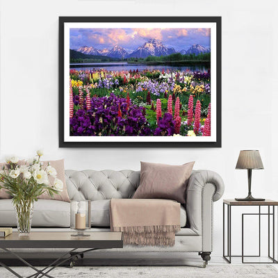 Bunte Blumen und Berge Diamond Painting