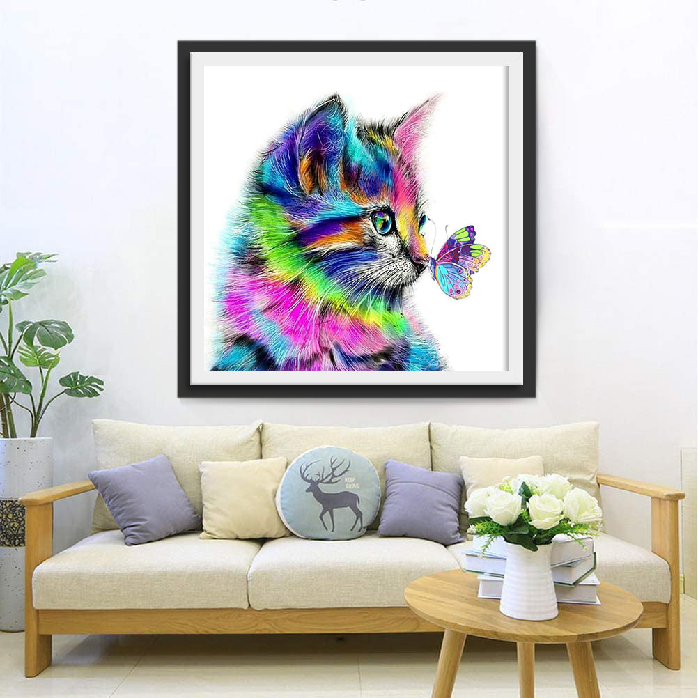 Bunte Katze und Schmetterling Diamond Painting