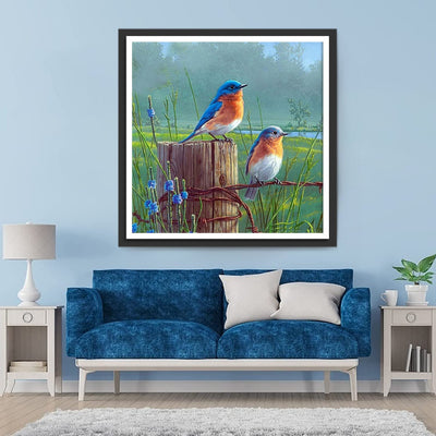 Bunte Vögel auf dem Holzpfahl Diamond Painting