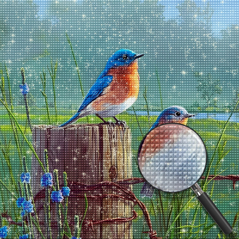 Bunte Vögel auf dem Holzpfahl Diamond Painting