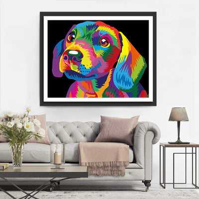 Bunter Hund vor dem schwarzen Hintergrund Diamond Painting