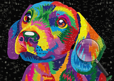 Bunter Hund vor dem schwarzen Hintergrund Diamond Painting