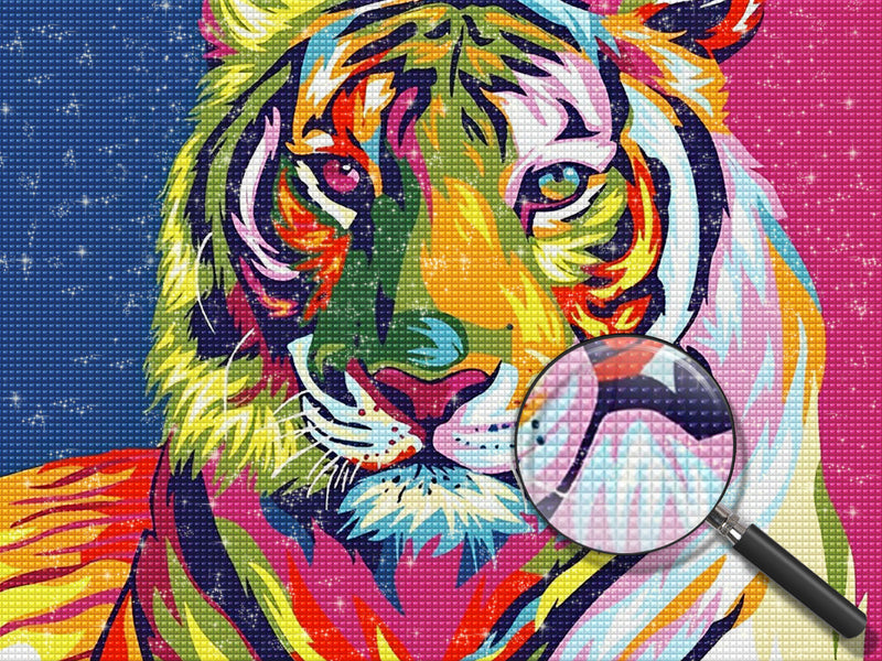 Bunter Tiger vor dem rot-blauen Hintergrund Diamond Painting