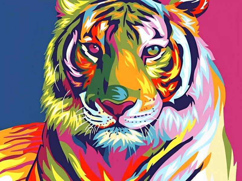 Bunter Tiger vor dem rot-blauen Hintergrund Diamond Painting