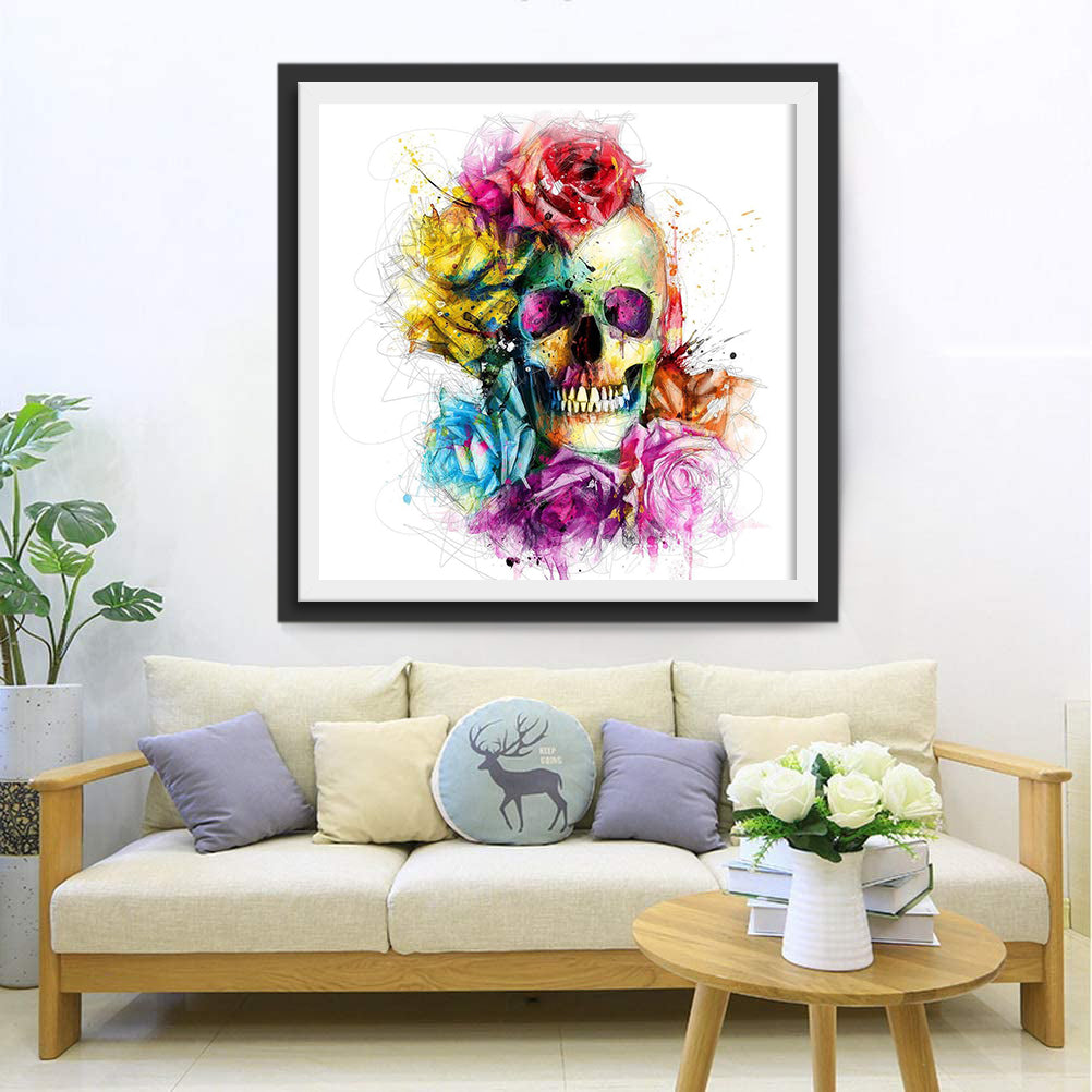 Bunter Totenkopf und Blumen Diamond Painting