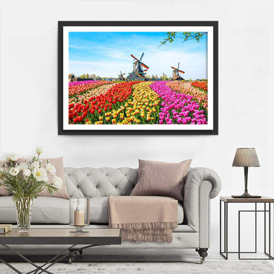 Buntes Tulpenfeld mit Windmühlen Diamond Painting