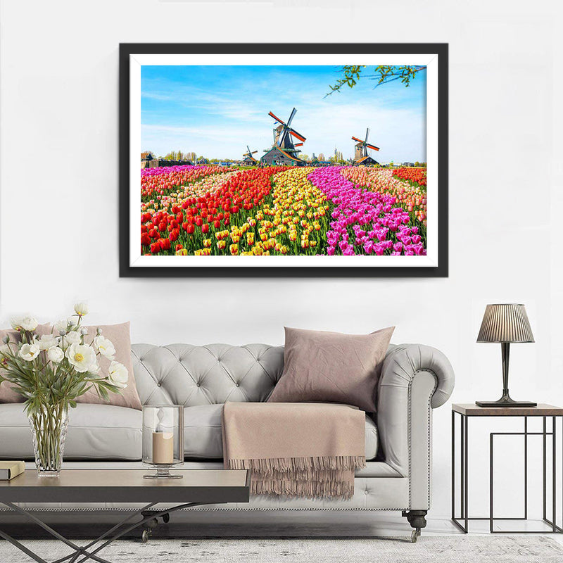 Buntes Tulpenfeld mit Windmühlen Diamond Painting