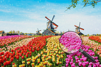 Buntes Tulpenfeld mit Windmühlen Diamond Painting