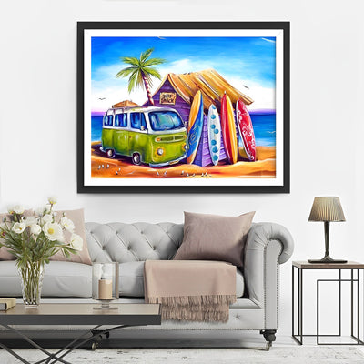 Bus und Hütte am Meer Diamond Painting