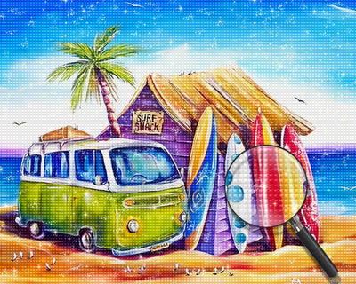 Bus und Hütte am Meer Diamond Painting