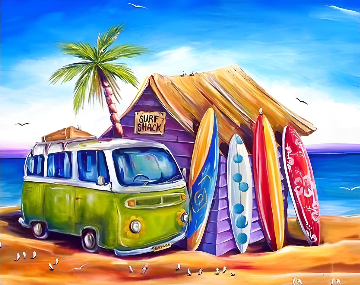Bus und Hütte am Meer Diamond Painting
