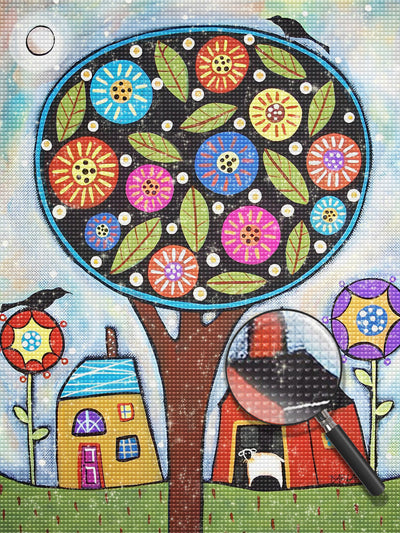 Cartoon Baum und Häuser Diamond Painting