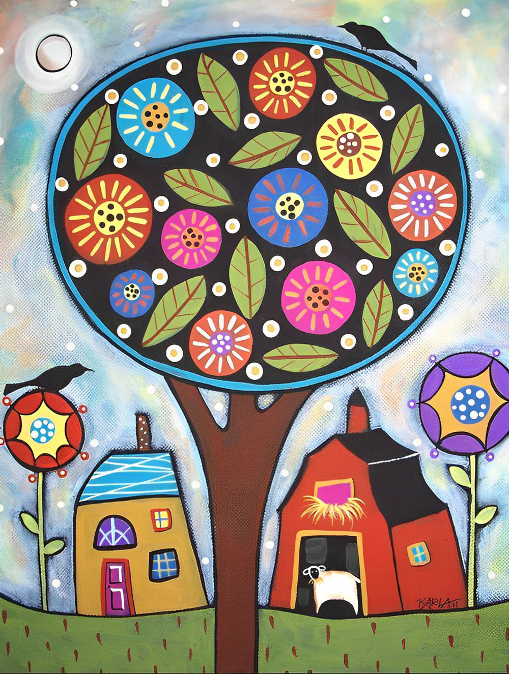 Cartoon Baum und Häuser Diamond Painting