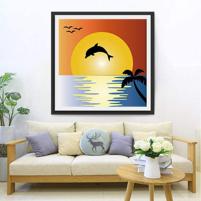 Cartoon Delfin, Sonne und Vögel Diamond Painting