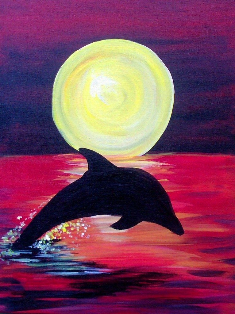 Cartoon Delfin und Vollmond Diamond Painting