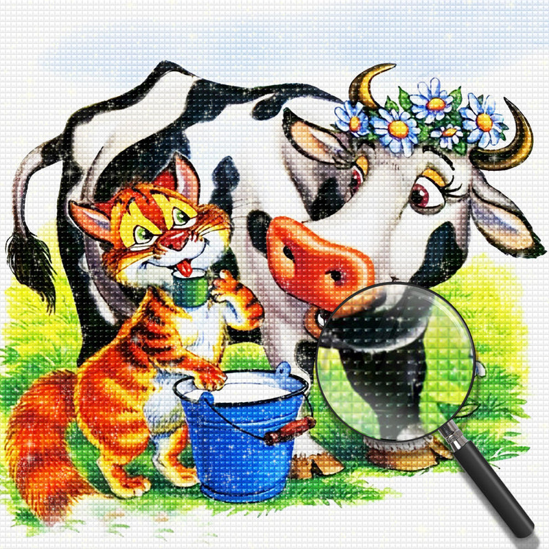 Cartoon Kuh und Katze Diamond Painting