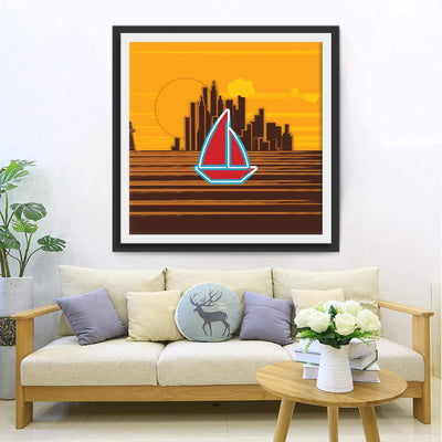 Cartoon Stadt und Segelboot Diamond Painting