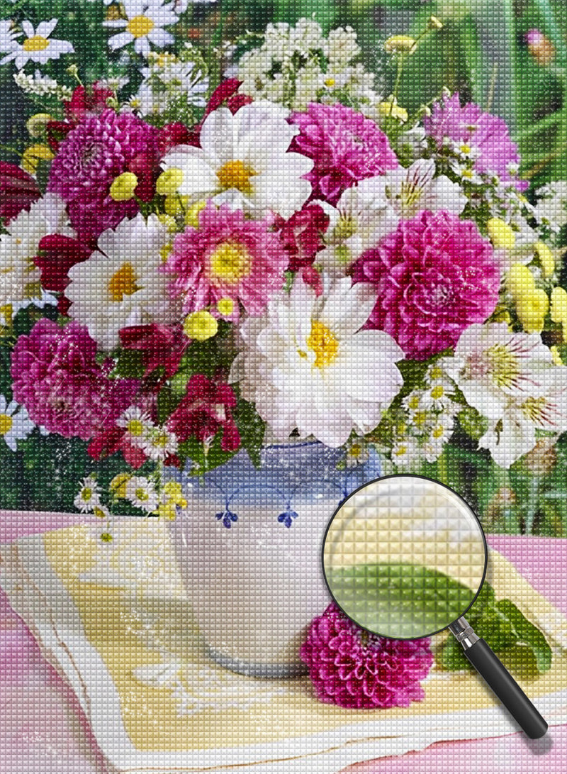 Chrysanthemen in der weißen Flasche Diamond Painting