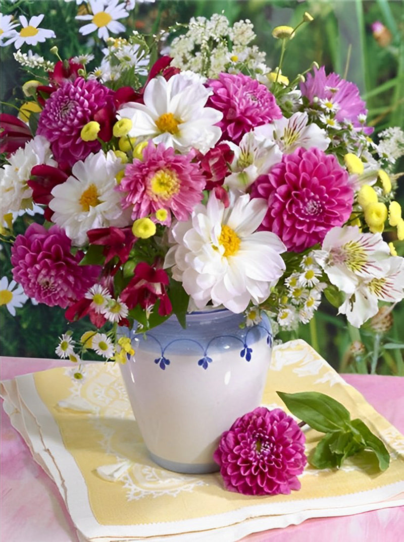 Chrysanthemen in der weißen Flasche Diamond Painting