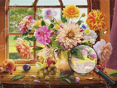 Chrysanthemen und Obst vor dem Fenster Diamond Painting