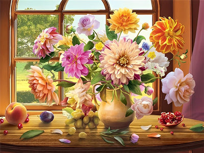 Chrysanthemen und Obst vor dem Fenster Diamond Painting