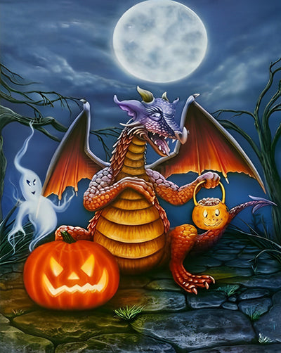 Dinosaurier und Kürbislaternen an Halloween Diamond Painting