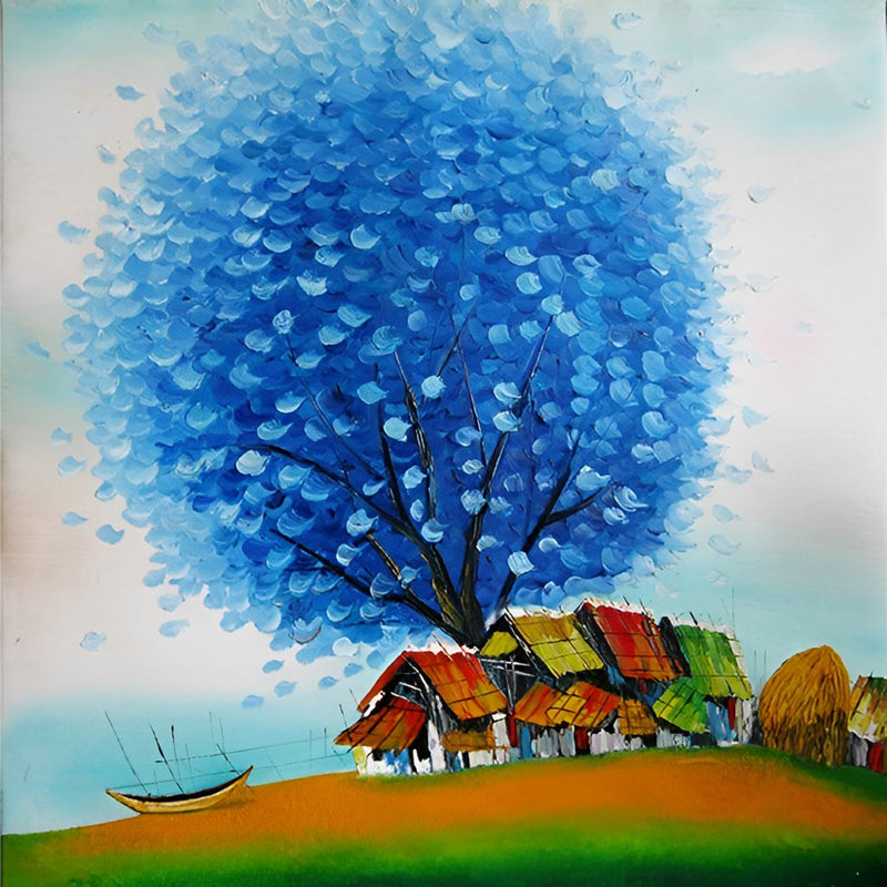 Dorf unter dem großen blauen Baum Diamond Painting