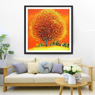 Dorf unter dem orangefarbenen Baum Diamond Painting