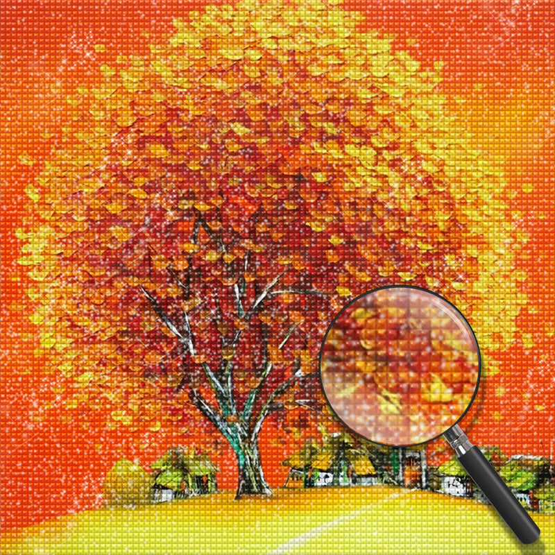 Dorf unter dem orangefarbenen Baum Diamond Painting