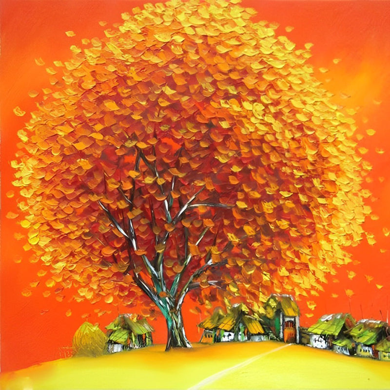 Dorf unter dem orangefarbenen Baum Diamond Painting