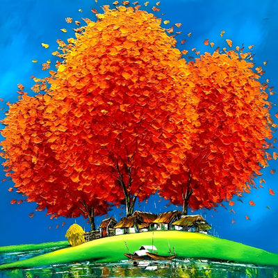 Dorf unter orangefarbenen Bäumen Diamond Painting