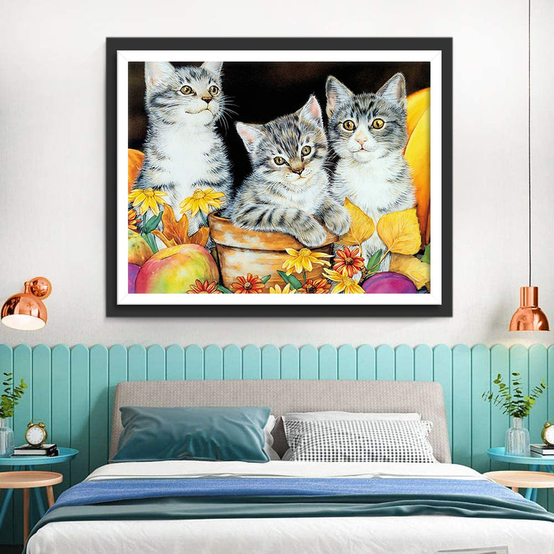 Drei Katzen und gelbe Blumen Diamond Painting