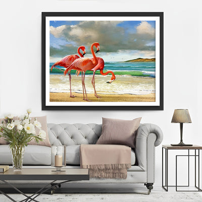 Drei rote Flamingos am Meer Diamond Painting