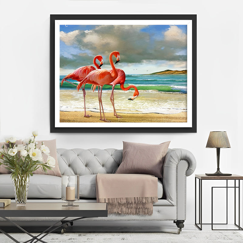 Drei rote Flamingos am Meer Diamond Painting