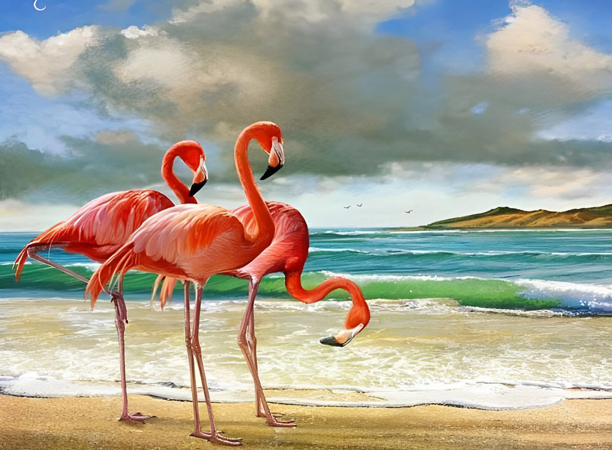 Drei rote Flamingos am Meer Diamond Painting
