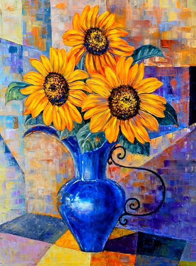 Drei Sonnenblumen in der blauen Vase Diamond Painting