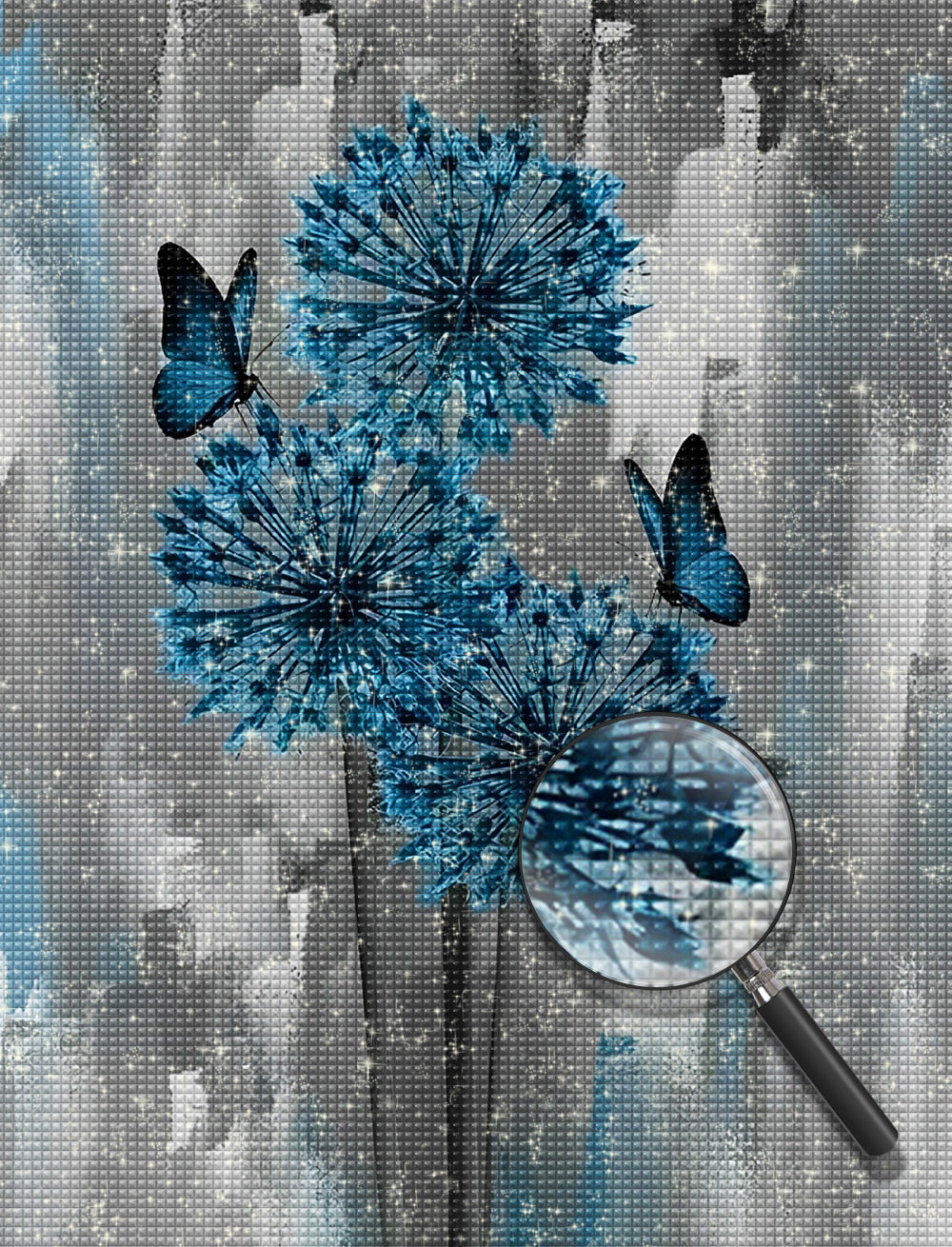 Dunkelgrüne Pusteblumen und Schmetterlinge Diamond Painting