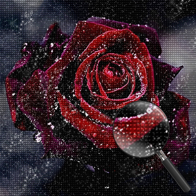 Dunkelrote Rose mit Tautropfen Diamond Painting