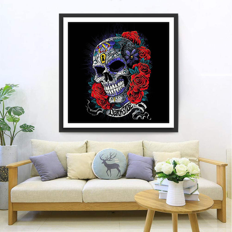 Dunkler Totenkopf mit roten Rosen Diamond Painting