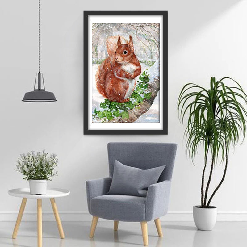 Eichhörnchen und grüne Blätter auf dem Baumstamm Diamond Painting