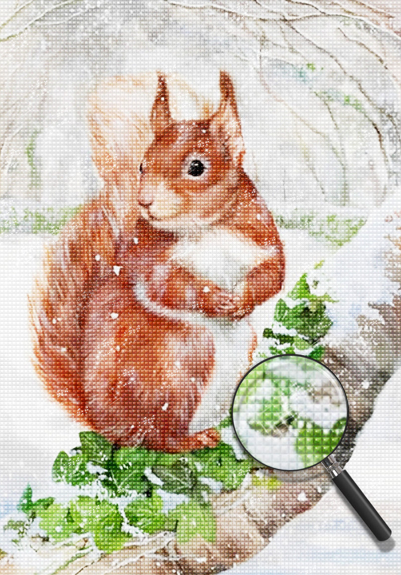 Eichhörnchen und grüne Blätter auf dem Baumstamm Diamond Painting