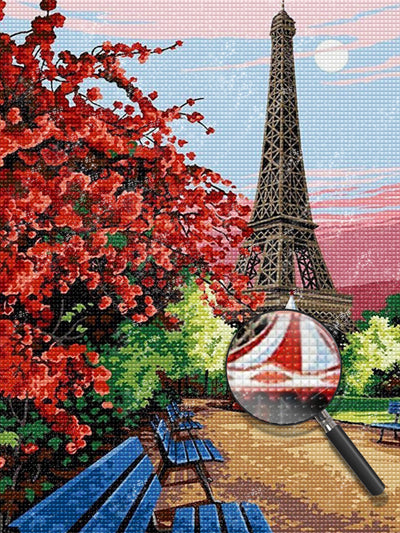 Eiffelturm, rote Bäume und Bank Diamond Painting