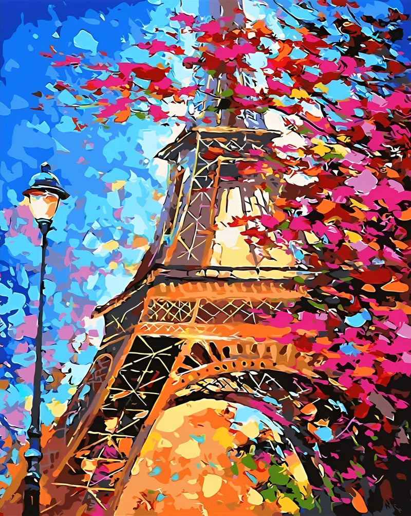 Eiffelturm und Baum mit Blumen Diamond Painting