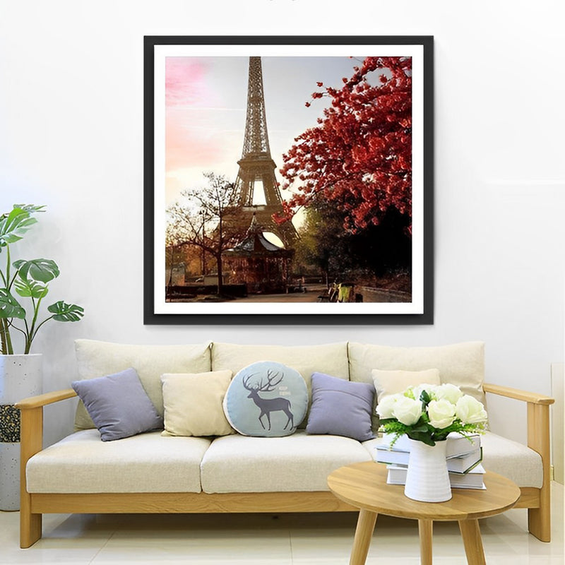 Eiffelturm und Baum mit roten Blumen Diamond Painting