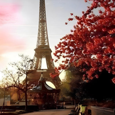 Eiffelturm und Baum mit roten Blumen Diamond Painting