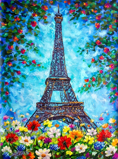 Eiffelturm und Blüten Diamond Painting