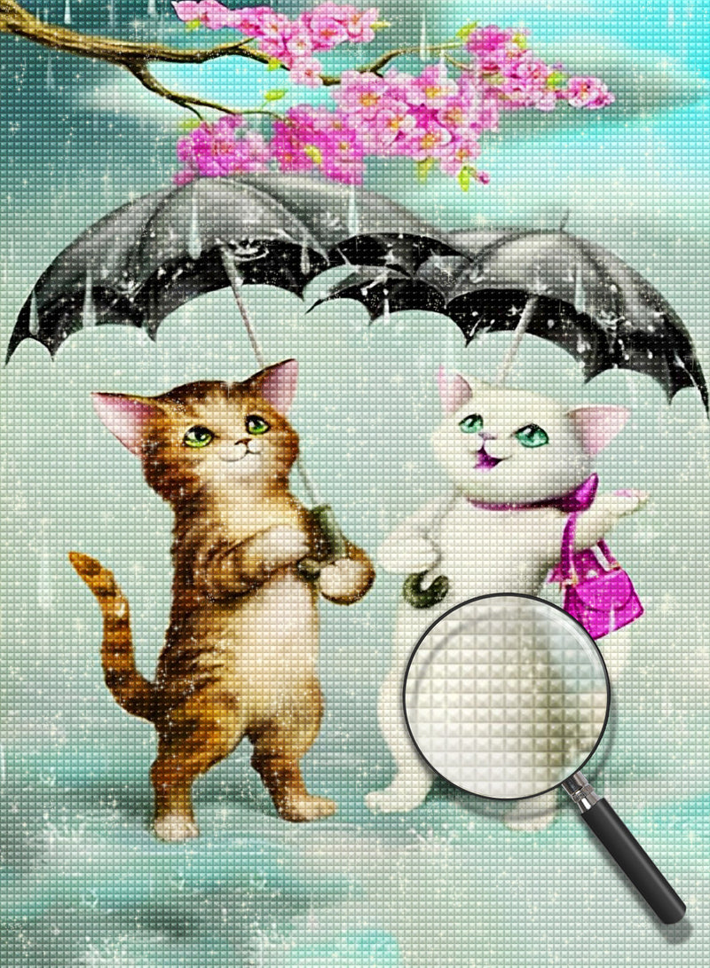 Ein Paar Katzen mit Regenschirmen Diamond Painting