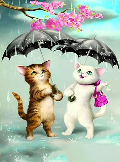 Ein Paar Katzen mit Regenschirmen Diamond Painting