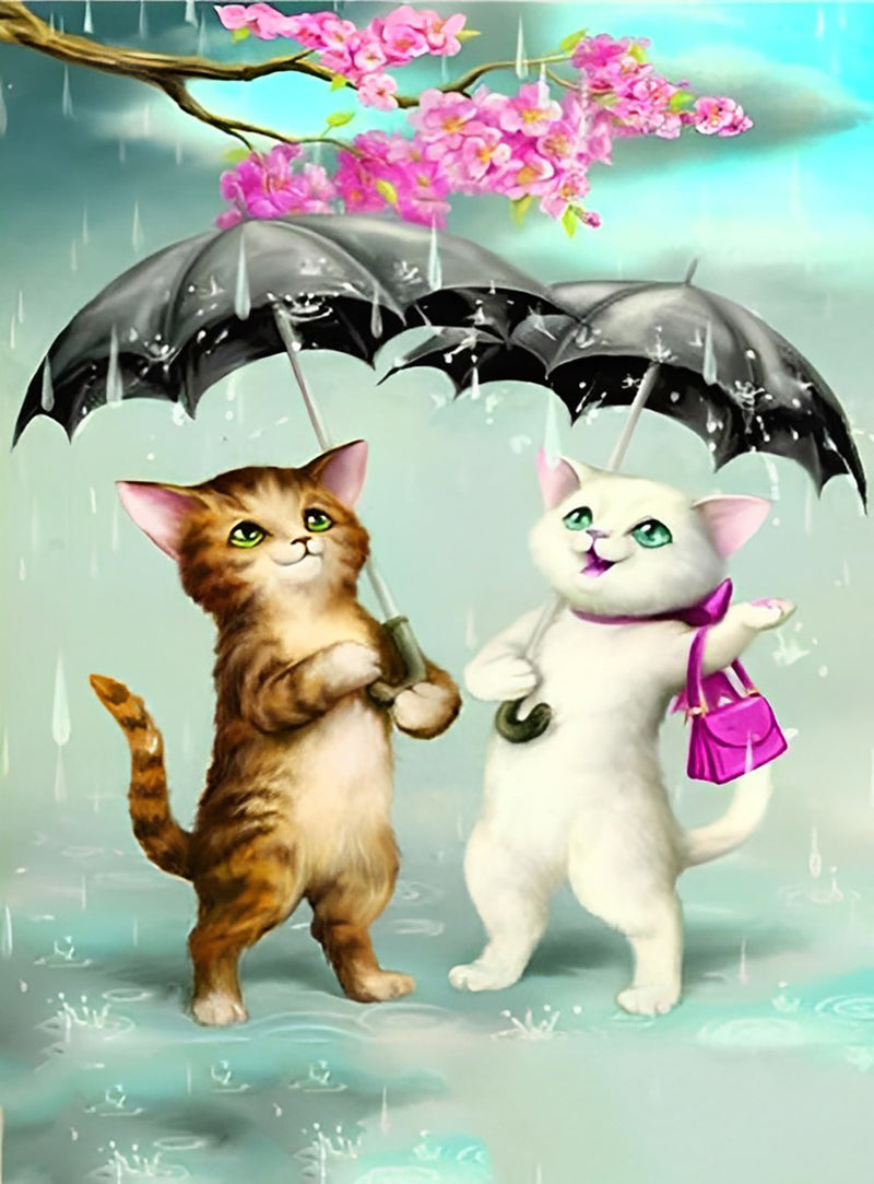 Ein Paar Katzen mit Regenschirmen Diamond Painting