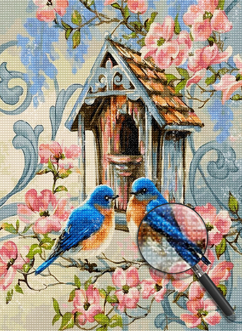 Ein Paar Vögel vor dem Vogelhaus Diamond Painting